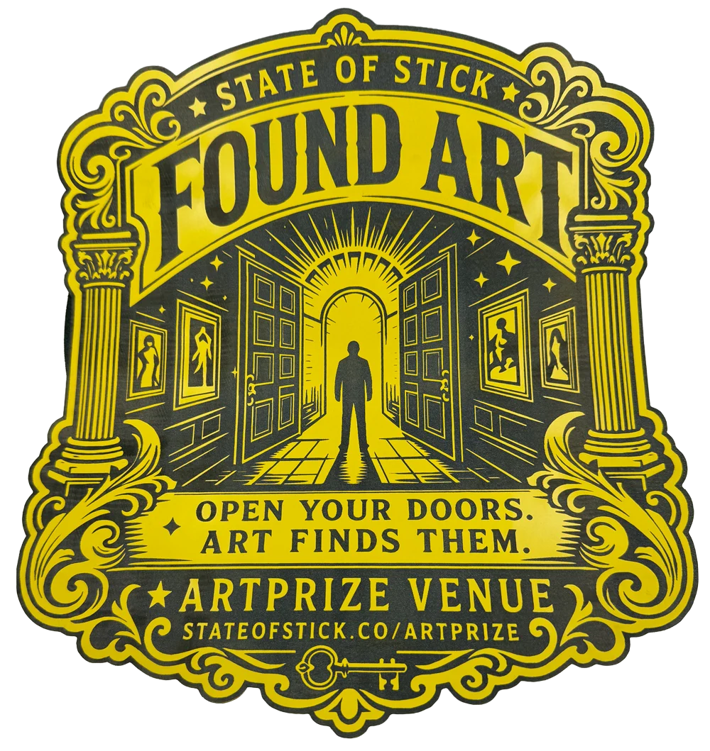 Yellow-and-black Found Art emblem cut by State of Stick for Old World Olive Co., an ArtPrize venue on Monroe Center.
