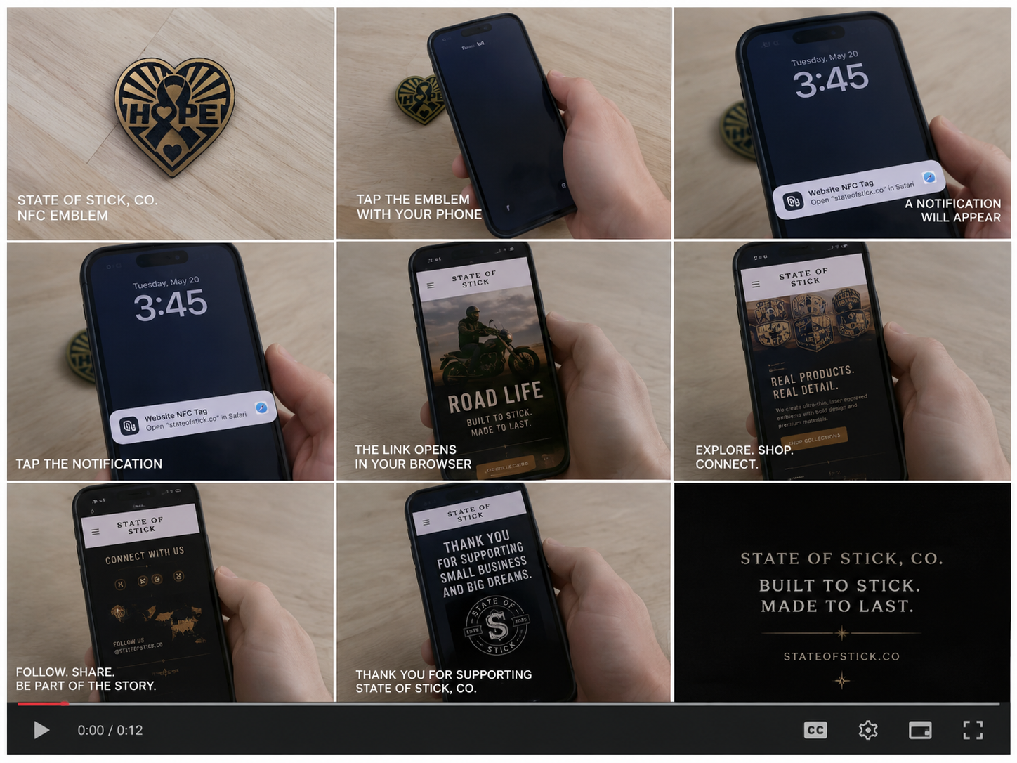 Nine-panel walkthrough showing a State of Stick connected emblem opening a branded product experience and inviting the customer to explore, shop, follow, and connect