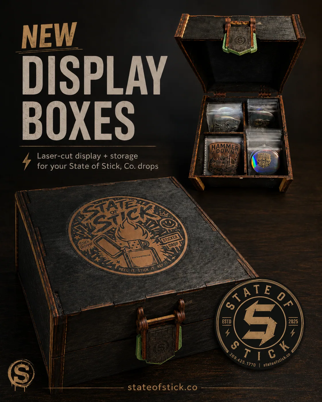 State of Stick laser-cut display and storage box shown open and closed
